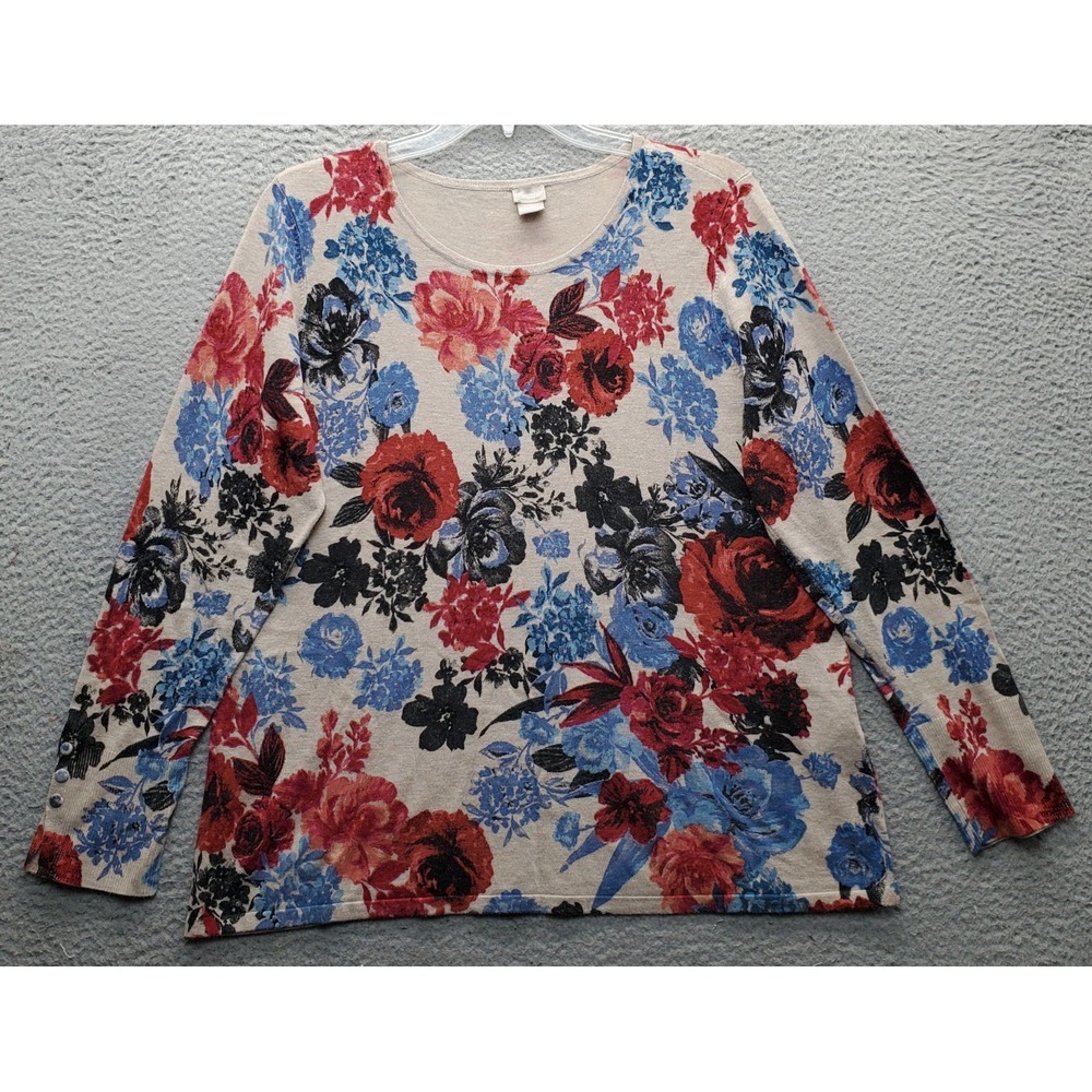 Chico's Knit Top Womens XL Multi Rose Print Long Sleeve Scoop Neck Cottagecore